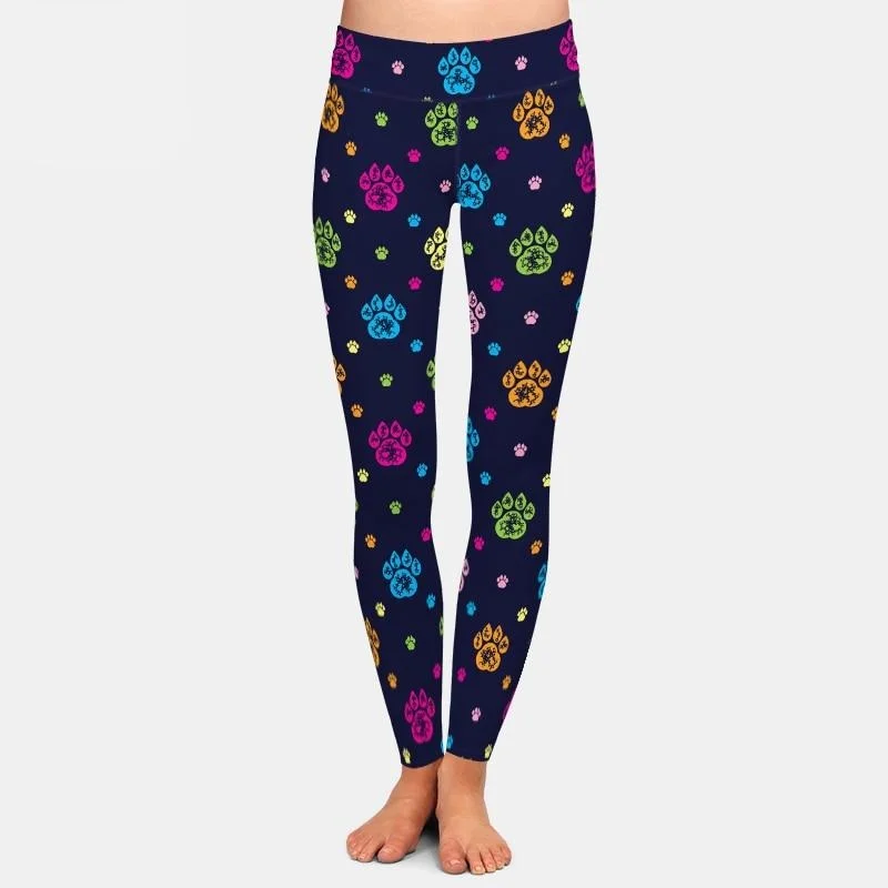 Ladies Cartoon Rainbow Dog Paw Printed Leggings Fashionable Plus-Size Activewear