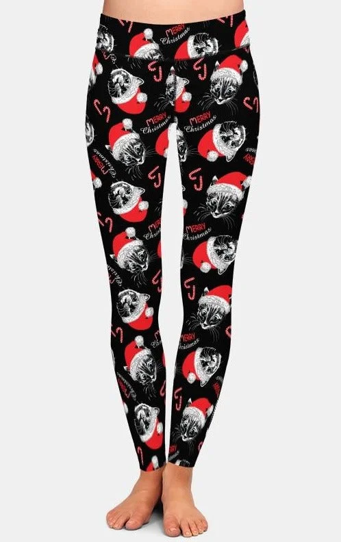 Ladies Christmas Black Cats & Santa Hats Printed Leggings Comfortable Power Mesh Leggings