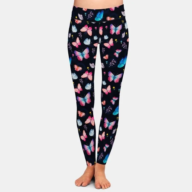 Ladies Colourful 3D Butterflies Printed Leggings Comfortable Wide-Band Leggings