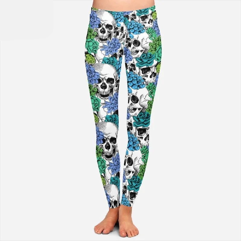 Ladies Cool 3D Skulls & Flowers Design Printed Leggings Trendy High-Waist Tummy Control Leggings