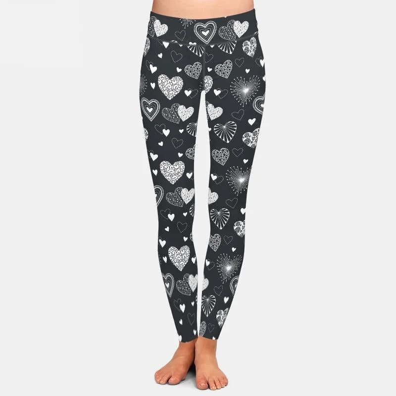 Ladies Cute Hearts Printed Leggings Comfortable Slim Fit Leggings