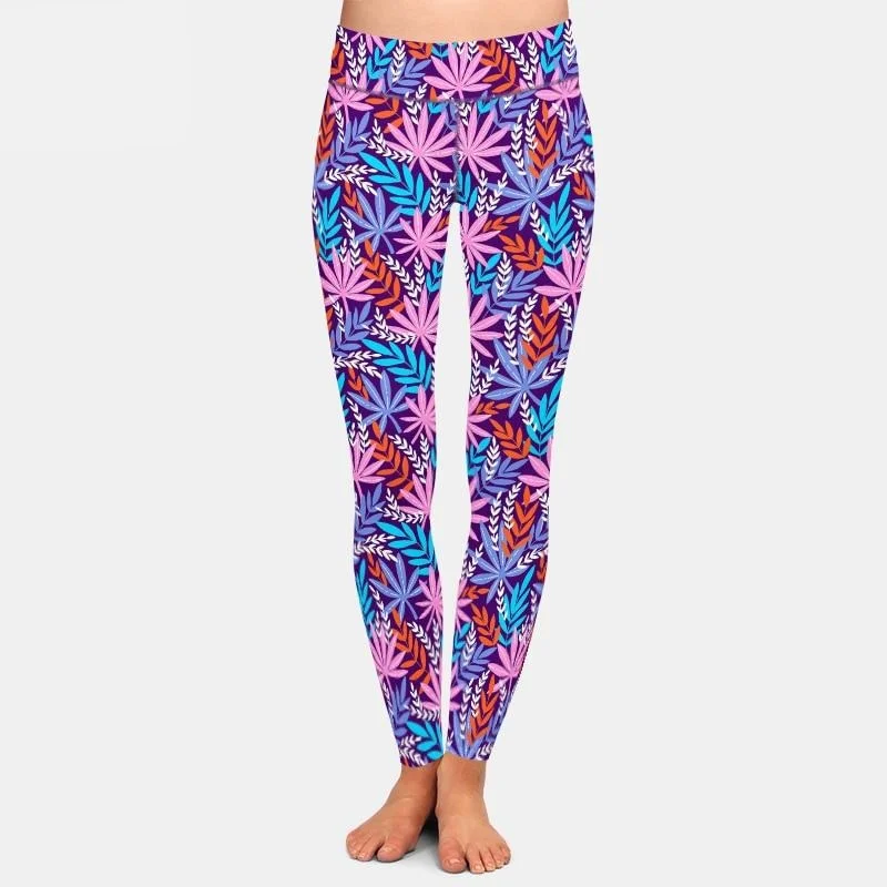 Ladies Gorgeous Leaf Printed Leggings Fashionable Tummy Control Leggings