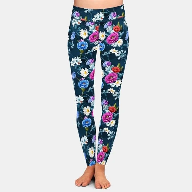 Ladies Poppy and Chamomile Printed High Waist Leggings Cozy Sweat-Wicking Leggings