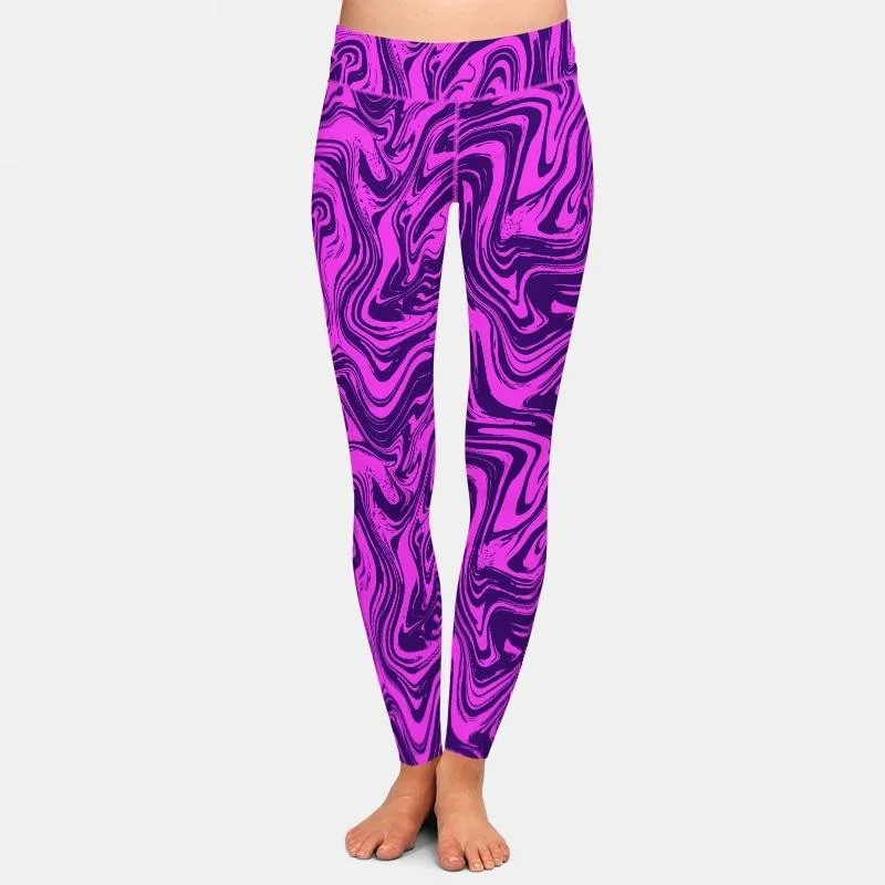 Ladies Purple Marble Patterned Printed Leggings Trendy Color Block Leggings