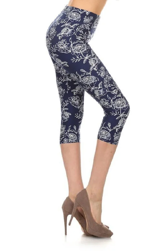 Multi-color Print, Cropped Capri Leggings In A Fitted Style With A Banded High Waist. Cozy Lounge Pants Leggings