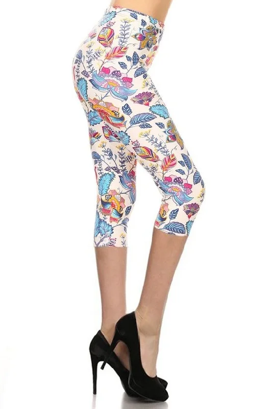 Floral Printed Lined Knit Capri Legging With Elastic Waistband Comfortable Ribbed Waistband Leggings