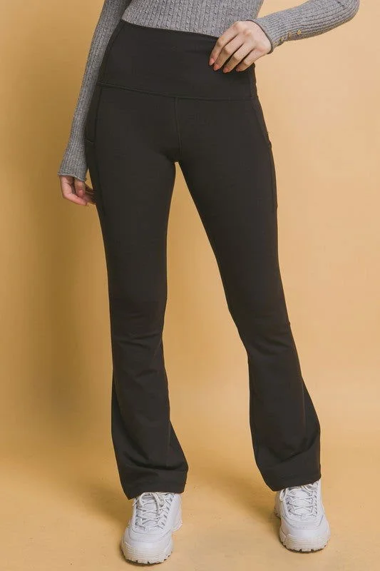 Love Tree High Waist Flare Active Leggings with Side Pockets In Black Trendy Foil Finish Leggings