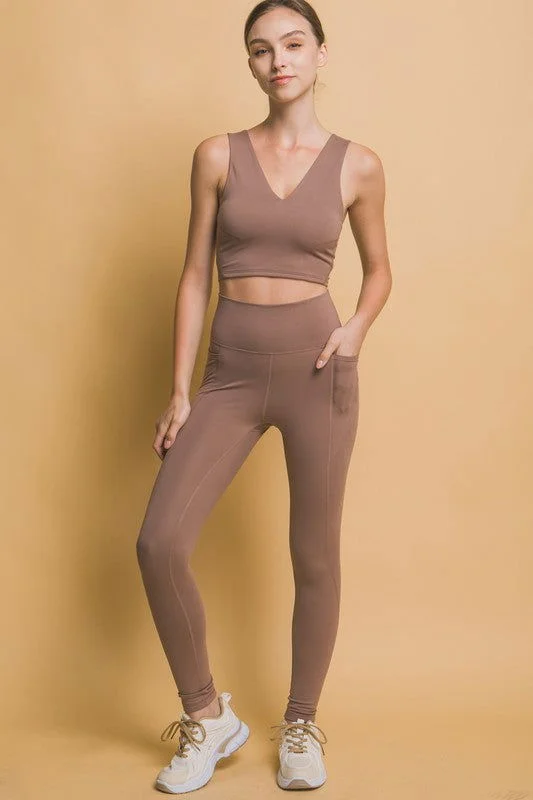 Love Tree High Waist Leggings with Side Pockets In Taupe Trendy Adjustable Waist Leggings