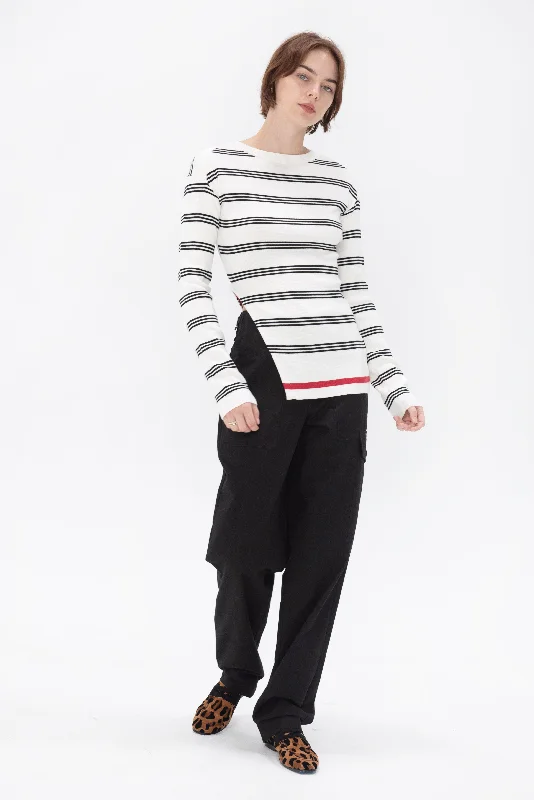 Stripe Roundneck Sweater, Alabaster Houndstooth Herringbone Solid