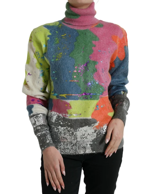 Multicolor Mohair Turtleneck Casual Sweater Spandex Blend Rayon Blend Denim Blend