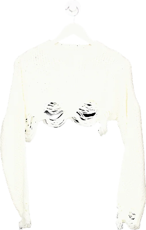 Nasty Gal White Distressed Knit Crop Sweater UK XS Mesh Sweater Canvas Denim