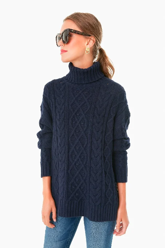 Navy Fitzgerald Cableknit Sweater Nylon Fabric Polyester Fabric Spandex Fabric