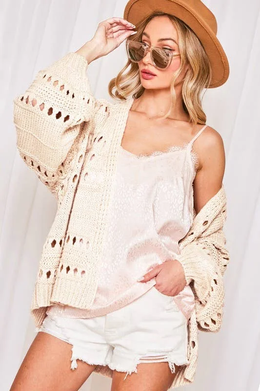 Open Knit Balloon Sleeve Sweater Iron Safe Non-Iron Wrinkle Free