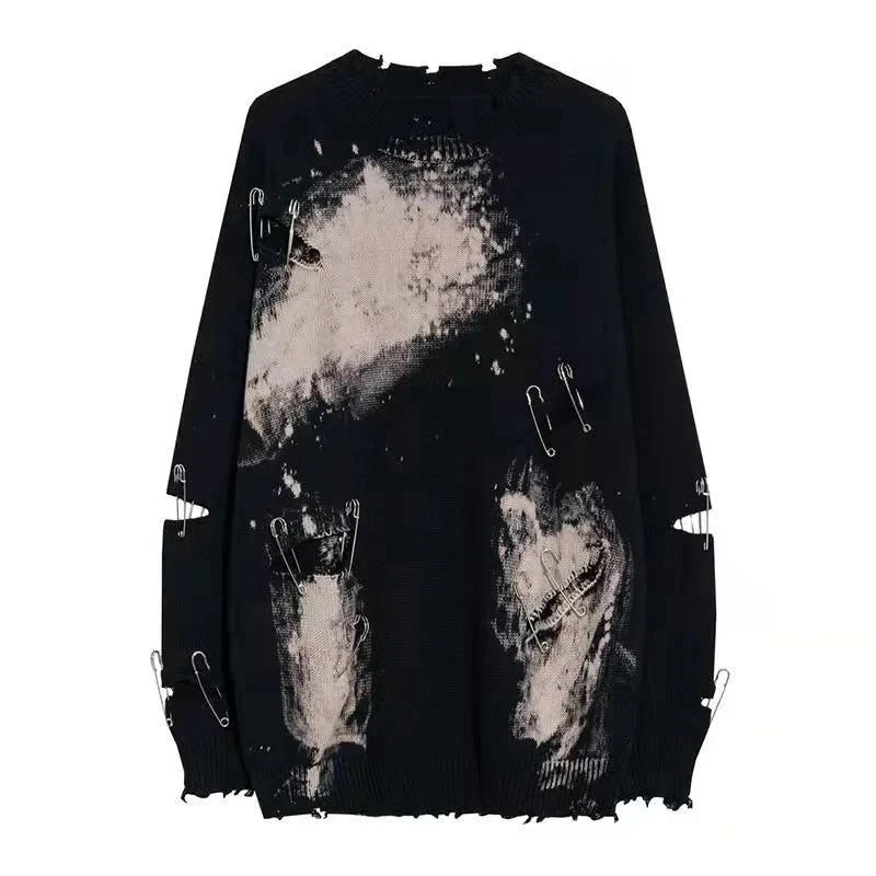 Oversized Y2K Grunge Sweater - Distressed Gothic Knitwear Seamless Knitted Crochet