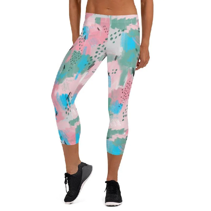 Pink Abstract Women's Capri Leggings Elegant Stretchy Faux Leather Leggings