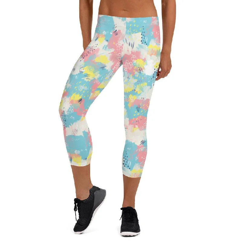 Pink and Blue Abstract Women's Capri Leggings Stylish Stretch Pants Leggings