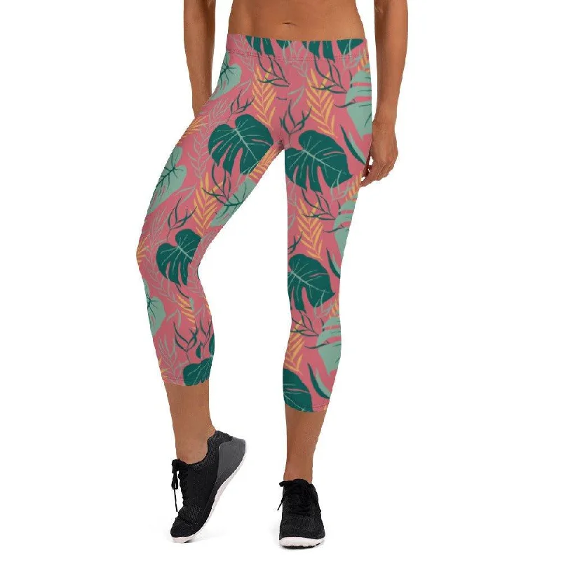 Pink Tropical Leaves Women's Capri Leggings Comfortable Compression Leggings