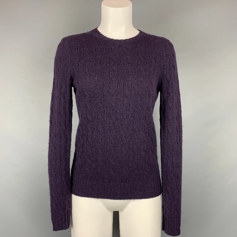 RALPH LAUREN Black Label Size M Eggplant Cable Knit Cashmere Slim Fit Sweater Sequined Glittery Shiny