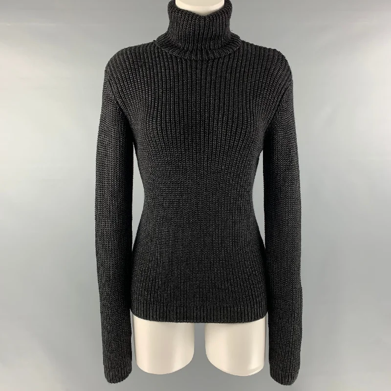 RALPH LAUREN Size M Black Silk &  Cashmere Textured Turtleneck Sweater Zippered Front Buttoned Front Snap Front