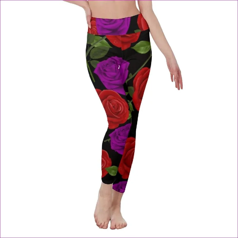 Red Rose Purp Women's Black High Waist Leggings | Side Stitch Closure Fashionable Embroidered Detail Leggings