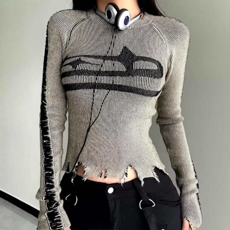 Women's Ripped Patchwork Sweater - Vintage Style Print Jacquard Patchwork