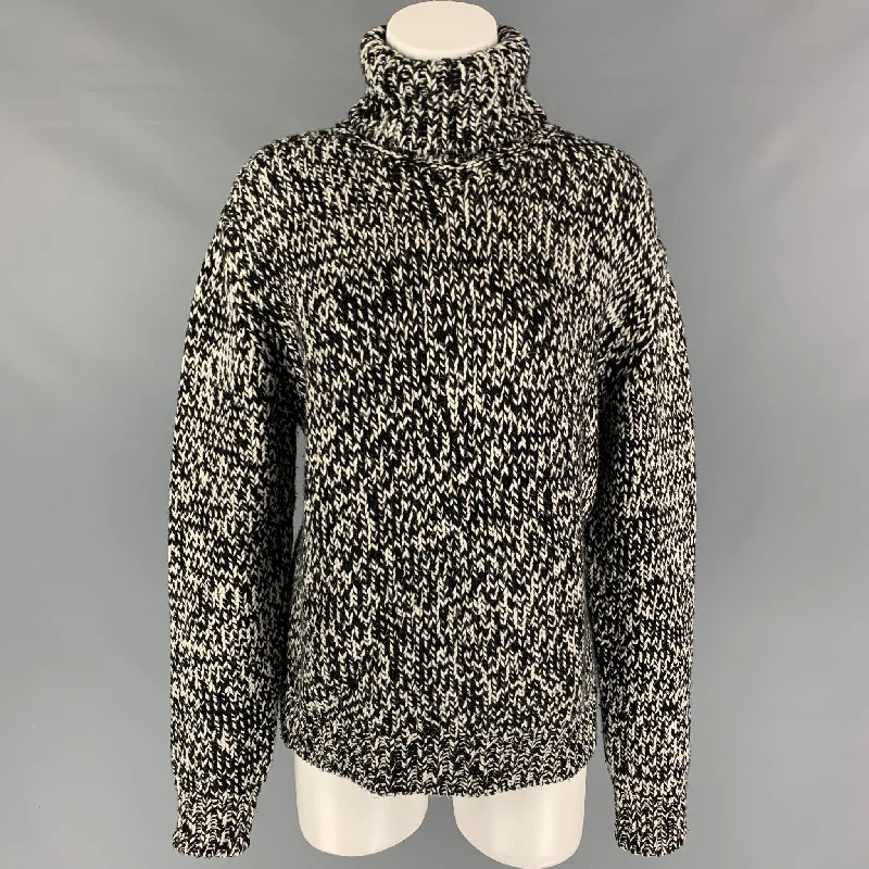 SAINT LAURENT Size S Black White Wool Donegal Turtleneck Sweater Plaid Sweater Polka Dot Checkered
