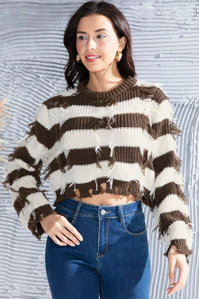 FZ Women's Striped Fringe Round Neck Sweater Top Cashmere Blend Cotton Blend Poly Blend
