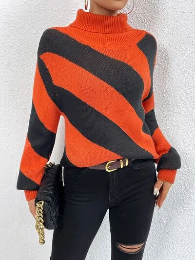FZ Women's Striped Turtleneck Dropped Shoulder Sweater Boat Neck Shawl Collar Notched Collar