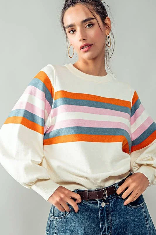 Cream Multi-Stripe Sweater Solid Color Striped Floral Print