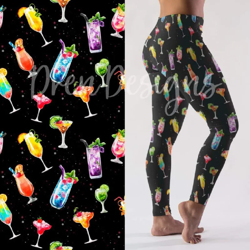 "Drinks are on Me!" Summer Cocktails Yoga Band Capri Leggings Cozy Mid-Rise Workout Leggings