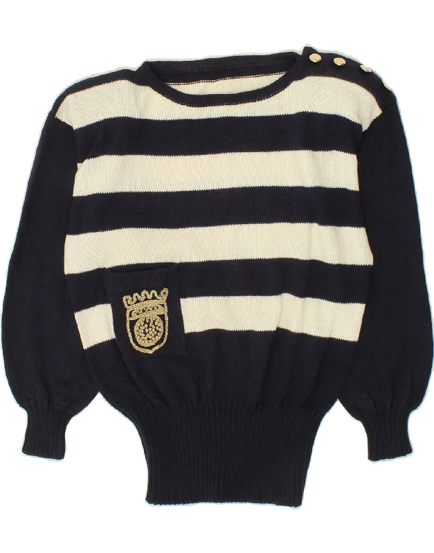 VINTAGE Womens Boat Neck Jumper Sweater UK 12 Medium Navy Blue Nautical Bright Pastel Dark