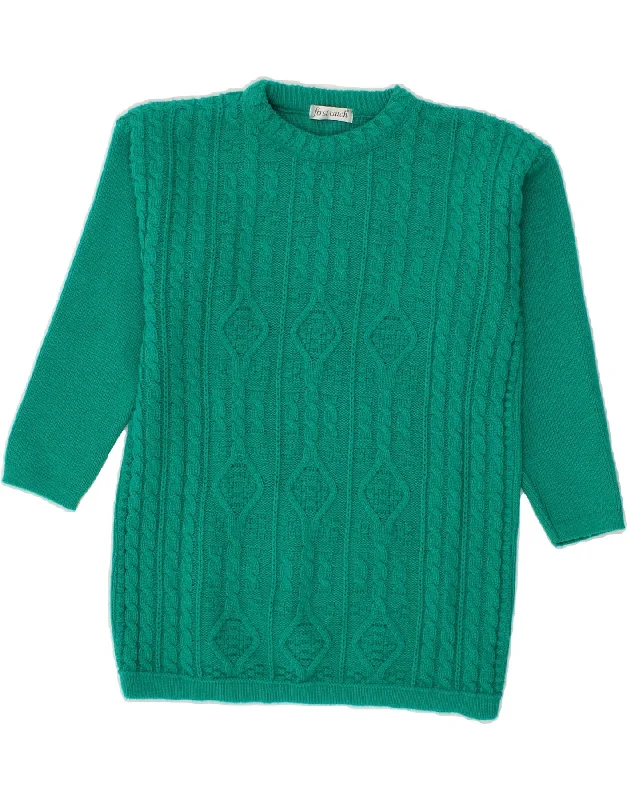 VINTAGE Womens Crew Neck Jumper Sweater UK 14 Medium Green Acrylic Cable Knit Ribbed Knit Lace Knit