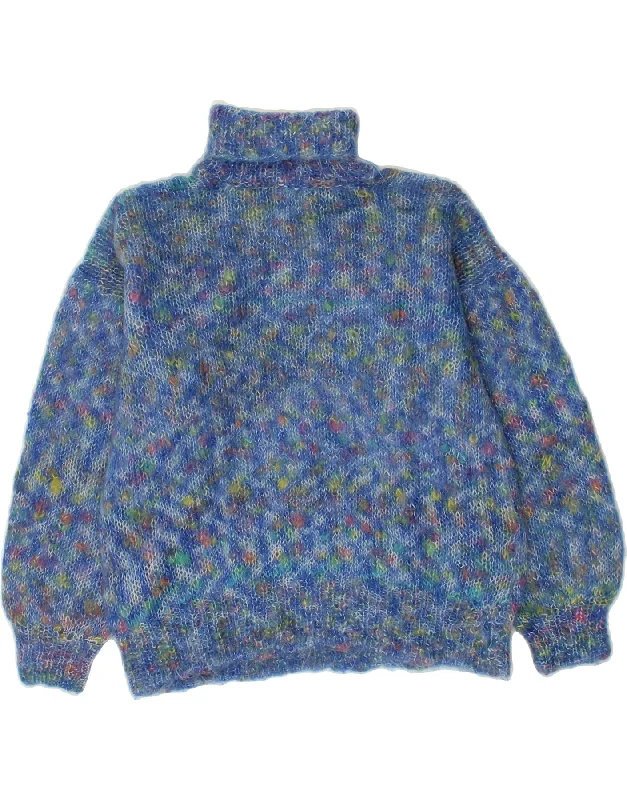 VINTAGE Womens Roll Neck Jumper Sweater UK 14 Large Blue Flecked Neon Metallic Matte