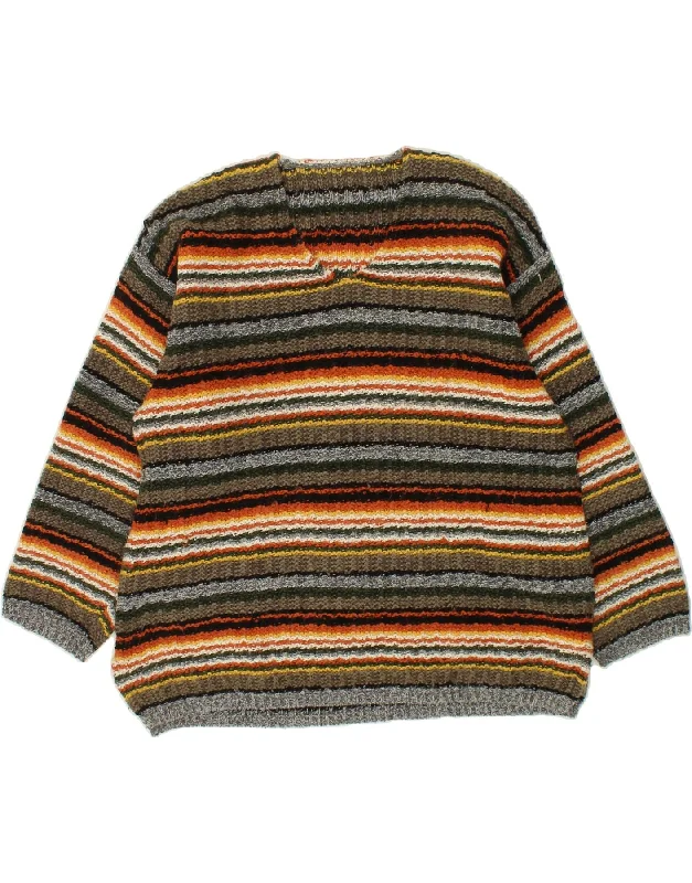 VINTAGE Womens V-Neck Jumper Sweater UK 16 Large Multicoloured Striped Thin Thick Dense