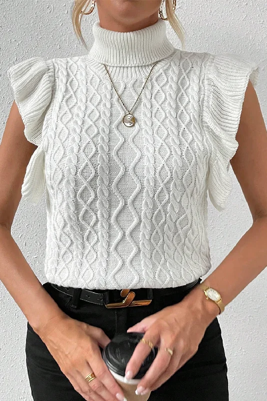 FZ Women's White Turtle Neck Cable Knit Ruffled Sweater Top Denim Fabric Leather Fabric Suede Fabric