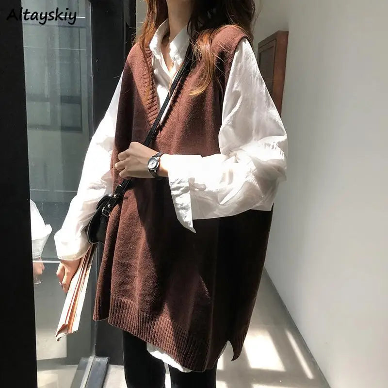 Women Sweater Vest Solid V-neck Loose Knitted Sleeveless Sweaters Female Simple Elegant Office Ladies Ulzzang Chic Popular New Ribbed Striped Patterned