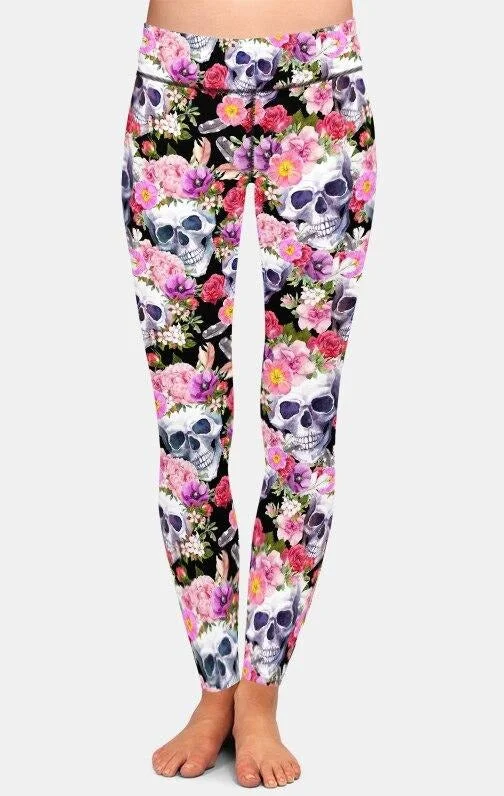 Womens 3D Skulls with Beautiful Flowers Printed Leggings Comfortable Slip-On Compression Leggings