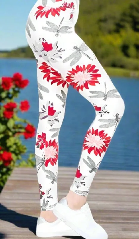 Womens Dragonfly Leggings, Soft Yoga Pants, Sizes 2-20, White/Red/Gray, Yoga Waist Trendy High-Waist Tummy Control Leggings