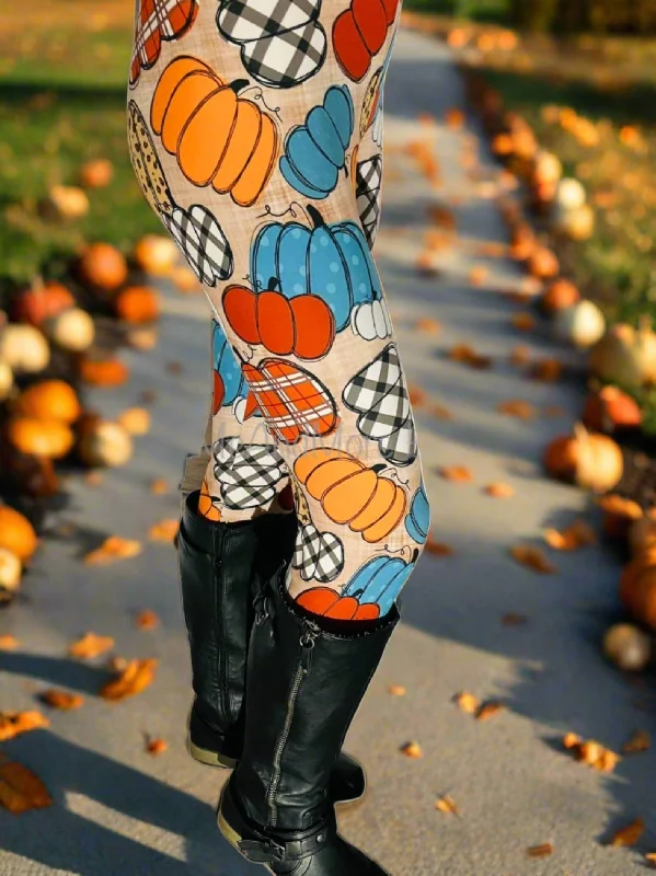 Womens Thanksgiving Pumpkin Leggings, Plaid Pumpkin Leggings, Soft Yoga Pants, Sizes OS/TC/TC2, Yoga Waist, Exclusive Leggings Trendy Seamless Fit Leggings