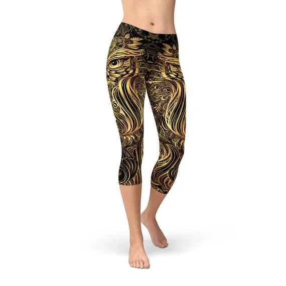 Womens Golden Ornament Owl Capri Leggings Trendy Tie-Dye Leggings