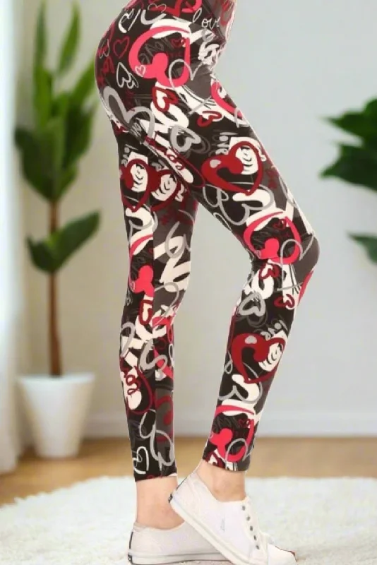 Womens Valentines Day Heart Leggings, Soft Yoga Pants, Sizes 0-20, Yoga Waist, Black/Red Elegant Casual Fit Leggings