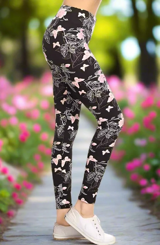 Womens Pink Butterfly Leggings, Soft Yoga Pants, Sizes 0-20, Yoga Waist, Pink/Black Stylish Yoga Leggings