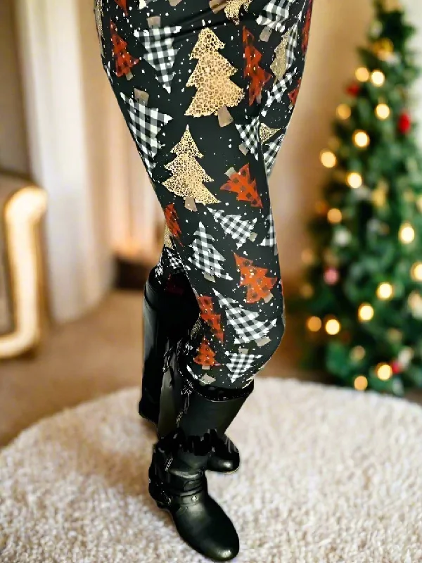 Womens Christmas Tree Leggings, Holiday Plaid Soft Yoga Pants, Sizes OS/TC/TC2, Black/Multi, Yoga Waist, Exclusive Leggings Trendy Color Block Leggings