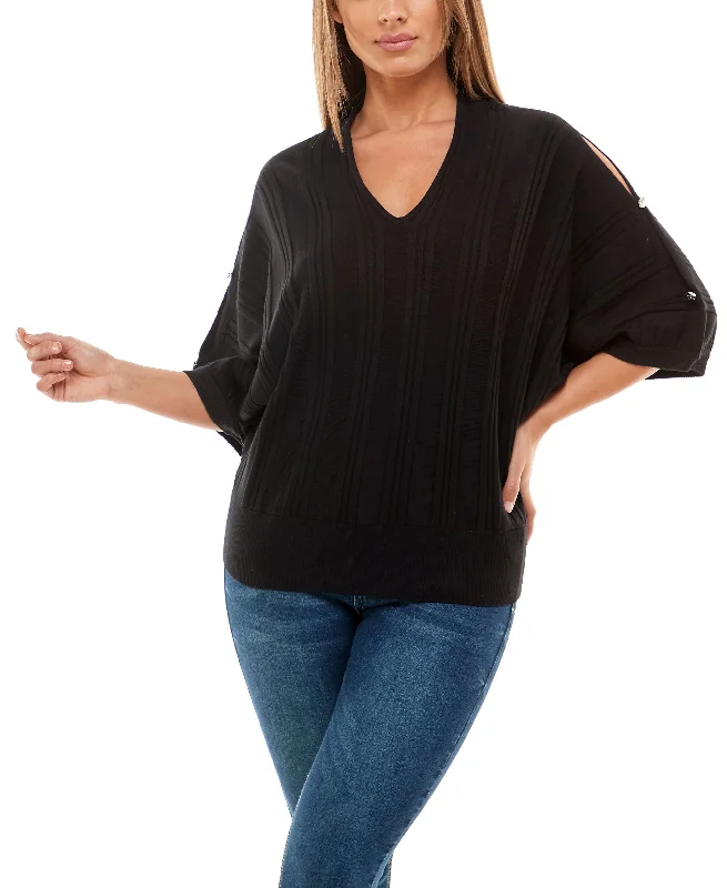 Womens V Neck Dolman Sleeve Ribbed Sweater Fitted Slim Tailored