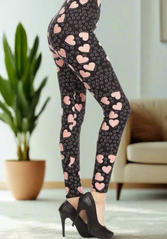 Womens Heart Leggings, Valentines Day Leggings, Soft Yoga Pants, Sizes 0-18, No-Roll Waist, Black/Pink Fashionable Moisture-Wicking Leggings