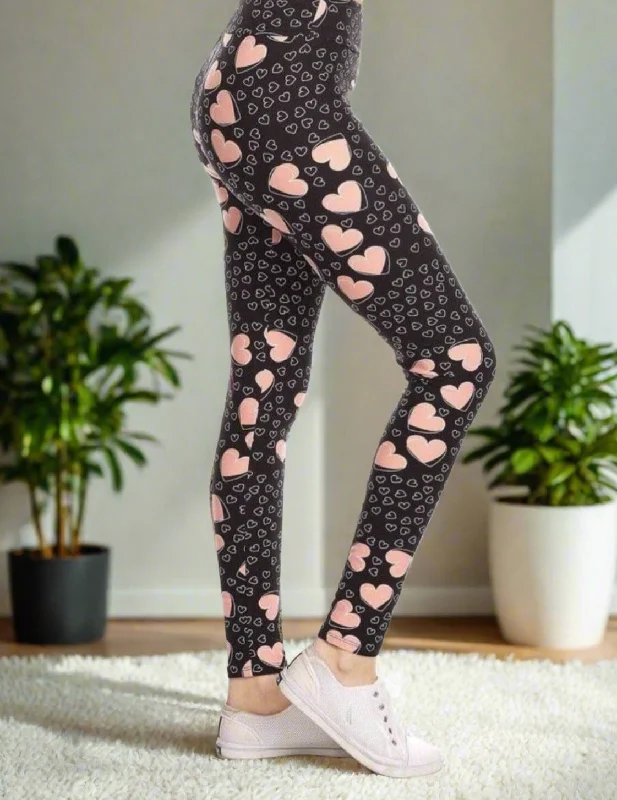 Womens Heart Leggings, Valentines Day Leggings, Soft Yoga Pants, Sizes 0-20, Yoga Waist, Black/Pink Trendy Seamless Fit Leggings