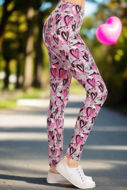 Womens Valentines Day Heart Leggings, Soft Yoga Pants, Sizes 0-20, Pink/Gray, Yoga Waist Casual Slim-Fit Leggings