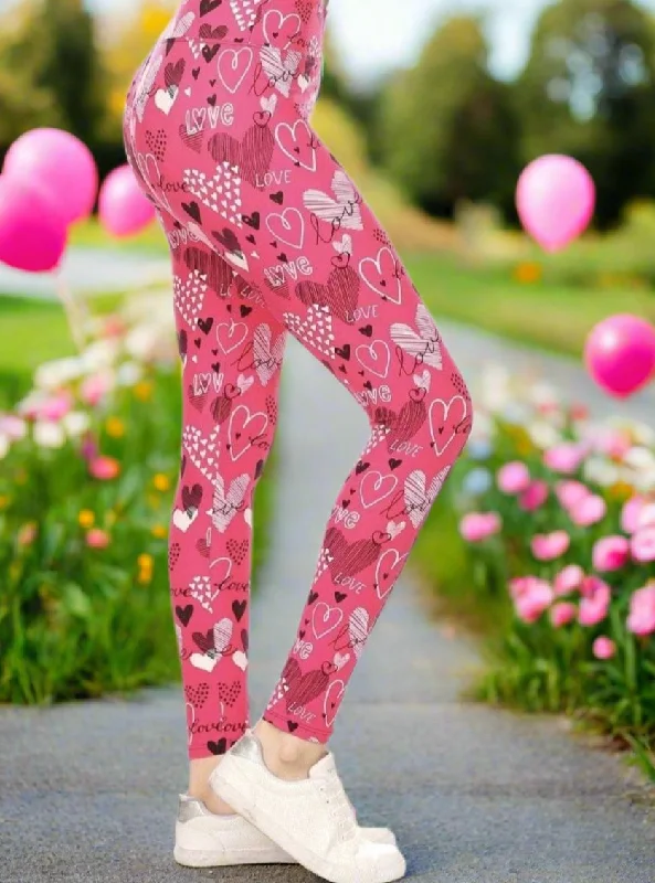 Womens Valentines Day Leggings, Pink Heart Leggings, Soft Yoga Pants, Sizes 0-20, Yoga Waist,   Pink/Black Comfortable Slip-On Leggings