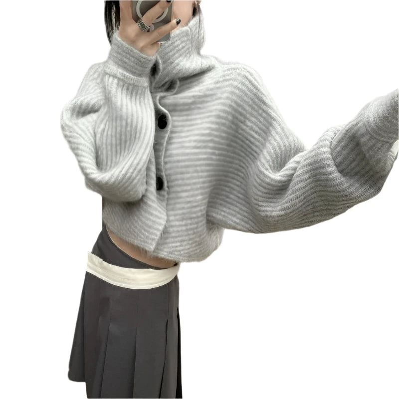 Y2K Gray Striped Women Sweater - Turtleneck Tailored Straight A-Line