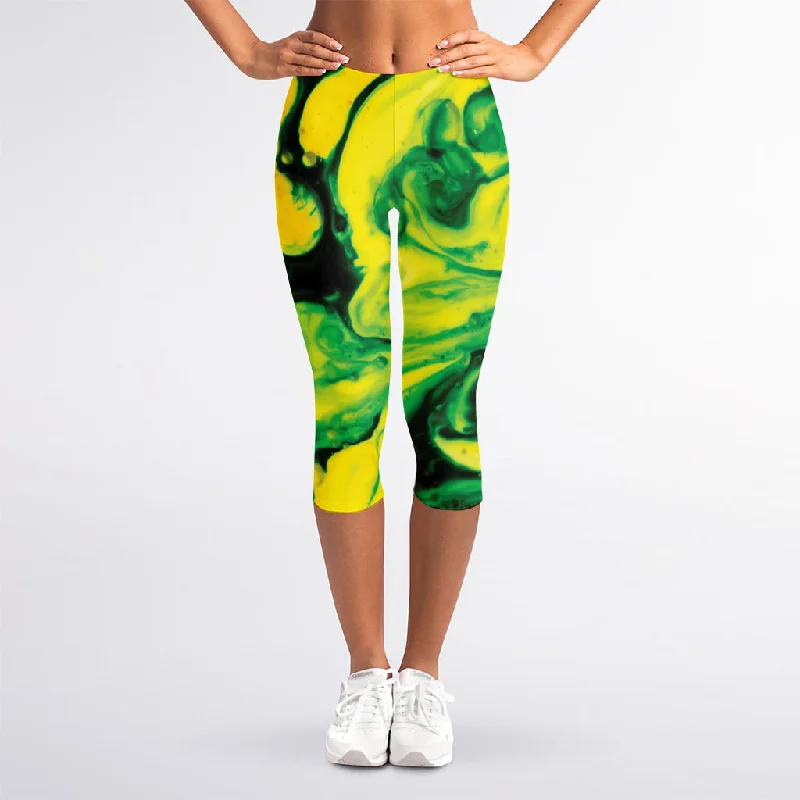 Yellow And Green Acid Melt Print Women's Capri Leggings Cozy Oversized Leggings